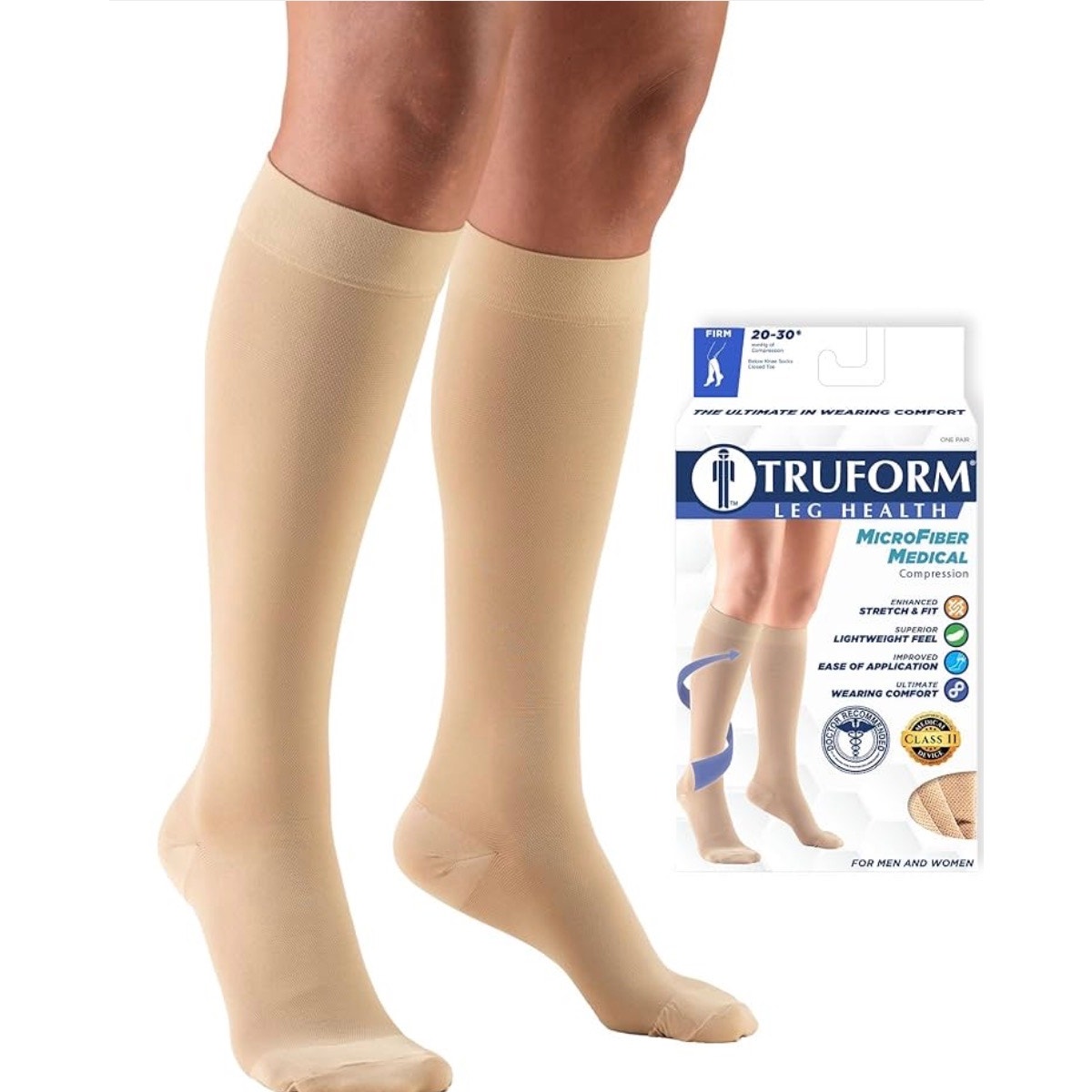 Truform 2030 Mmhg Compression Stockings Knee High Length Closed Toe Beige Sz M